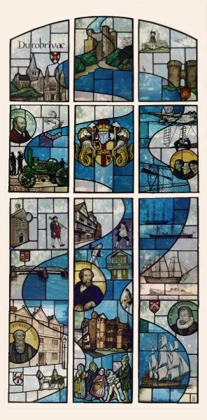 Window showing the cultural history of the Medway towns